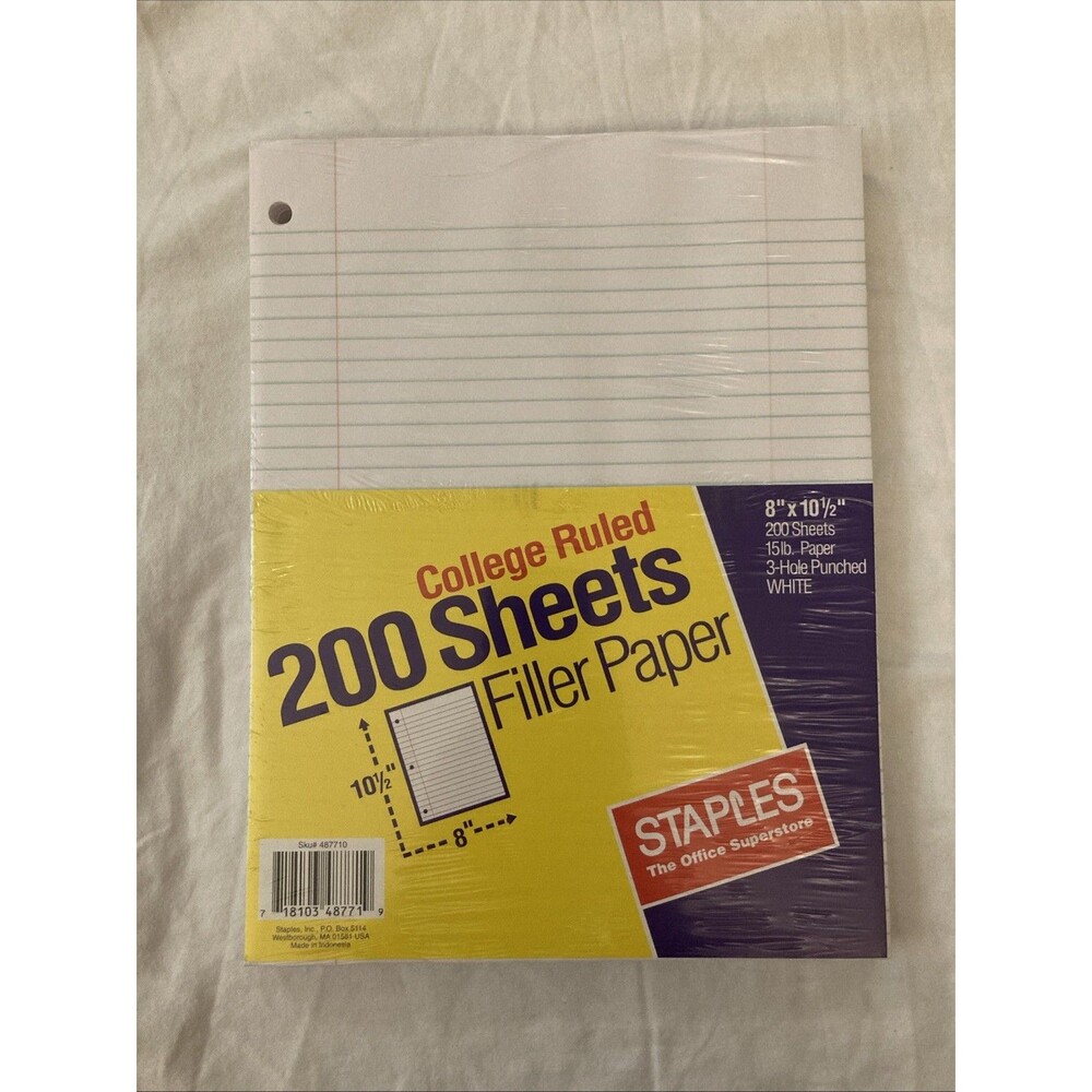 Staples 8”x10.5” College Ruled White Filler Paper | 200 Sheets | 3-hole Punched